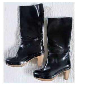 MARNI Black Patent Boots Wood Platform Clog Sole Metal Studs Mid Calf Women 10